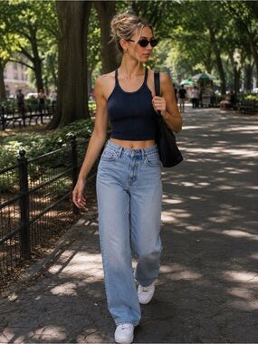 NWOT! FP MOVEMENT by FREE PEOPLE HAPPINESS RUNS CROP TANK TOP DEEP NAVY BLUE M/L